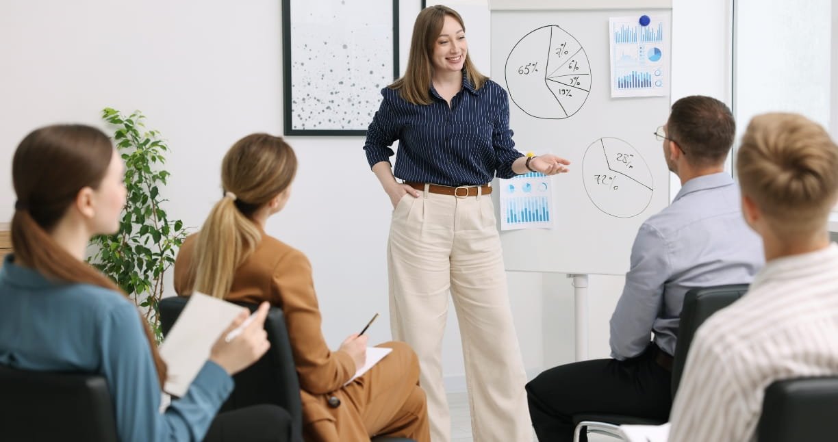 Corporate team creating high-end presentations with an AI video generator.